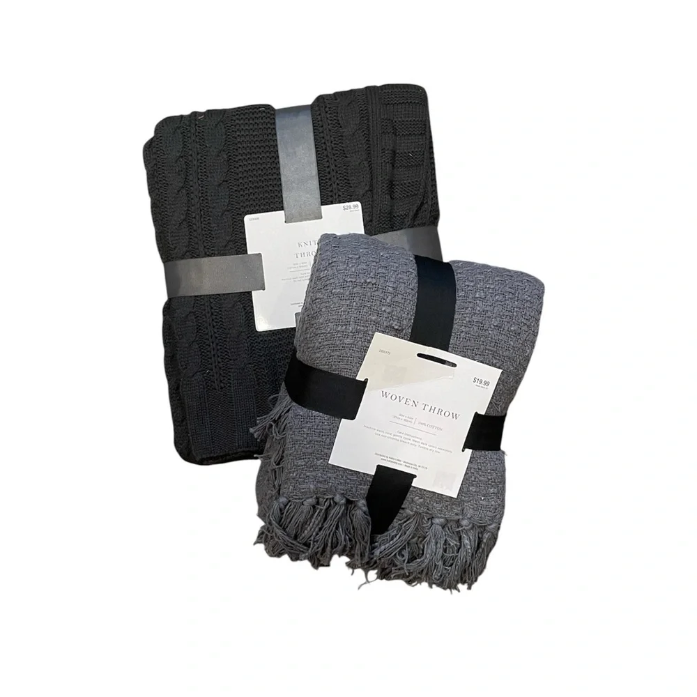 Set Of‎ 2 Throw Blankets Gray Woven and Cable Knit